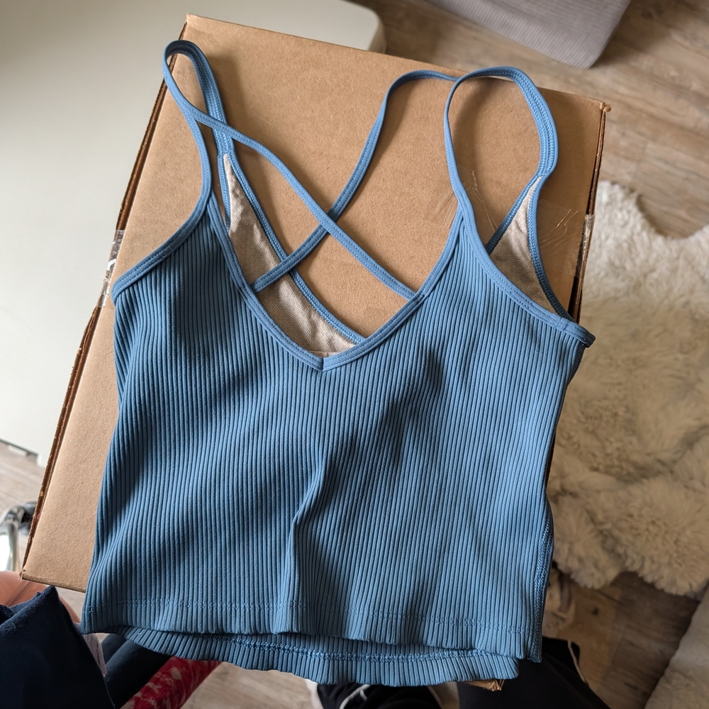 Vuori Blue Ribbed Strappy Crop Top